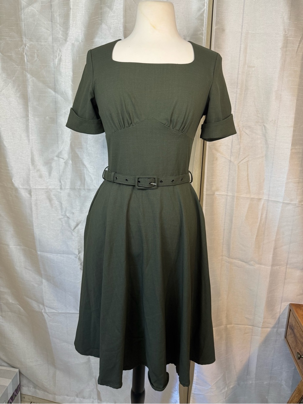 Voodoo Vixen Olive Green Square-Neck Midi Dress with Belt